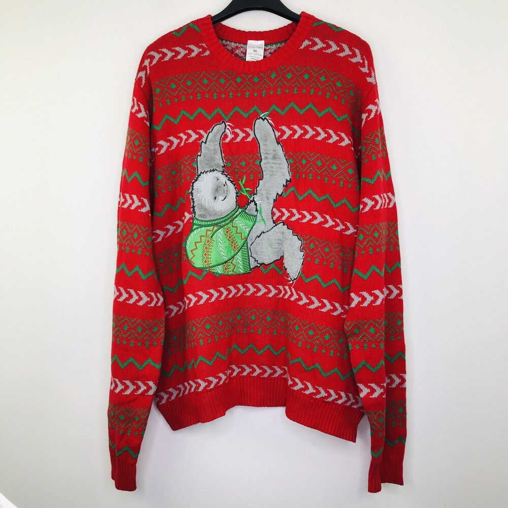 Holiday Classics Men's XL Ugly Christmas Sweater Three Toed Sloth Red Gray NWT